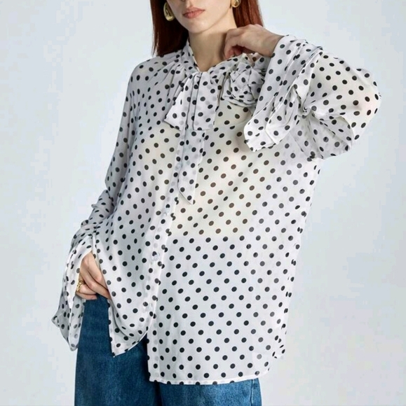Women's Elegant Chiffon 3D Floral Ruffled Polka Dot Print Loose Blouse - Picture 3 of 4
